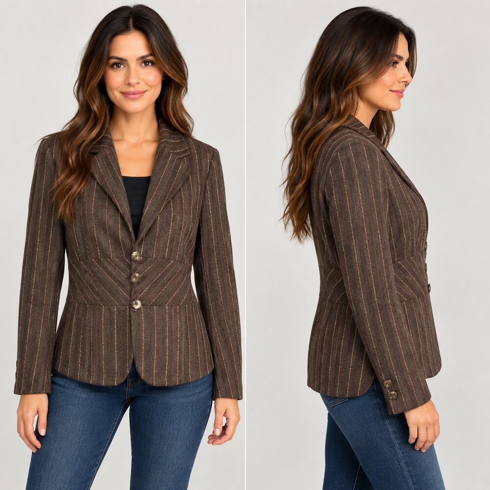J Jill Womens Blazer Suit Jacket Wool Blend Pinstriped Tailored Brown Size 10